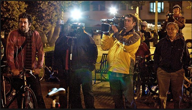 Following a contentious November 2011 ride, television cameras were out the next month. As was Gary Kavanagh, who took this shot. Image via ##http://garyridesbikes.blogspot.com/2007/12/santa-monica-critical-mass-december.html##Gary Rides Bikes##