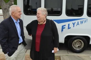 Bonin and O'Connor chat during the launch of FlyAway's new Santa Monica bus route.