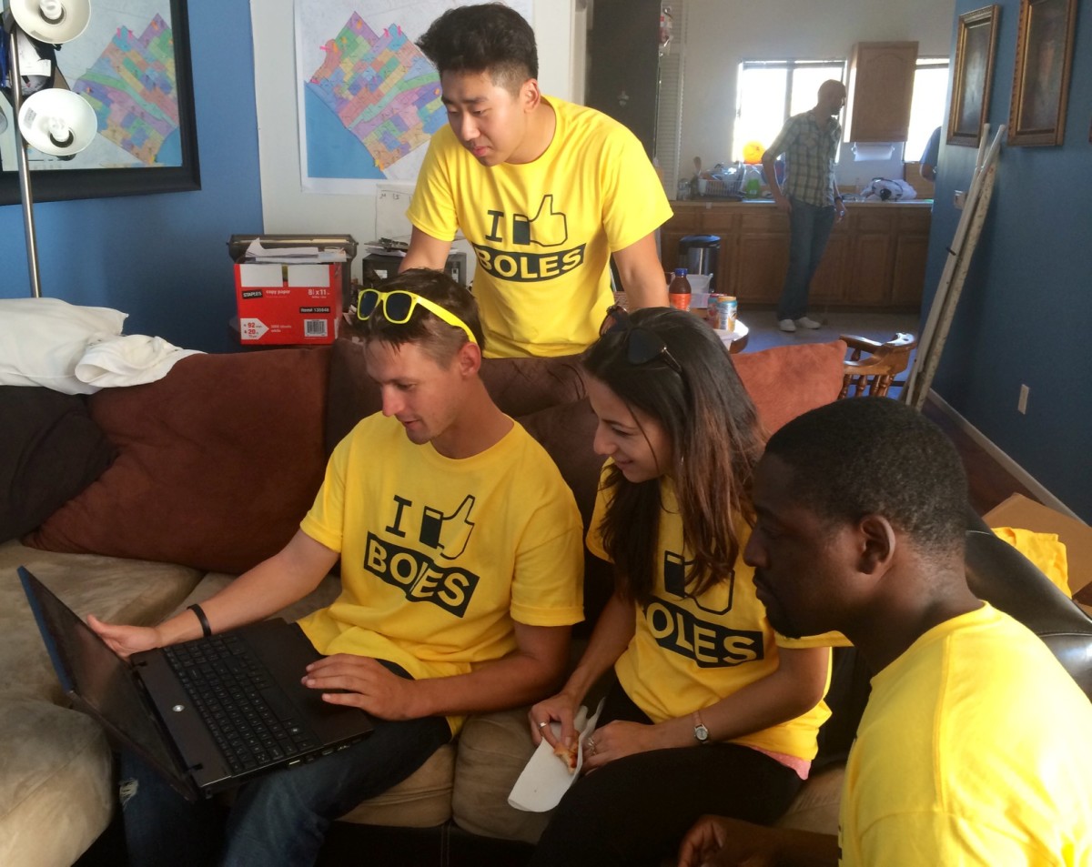 Nick Boles and his team of interns from SMC work out of his apartment in mid-city Santa Monica.