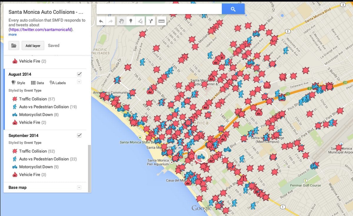 The Santa Monica Fire Department keeps a google map of traffic collisions in Santa Monica. There are nearly 100 injuries and an average of five deaths every year on Santa Monica's streets.