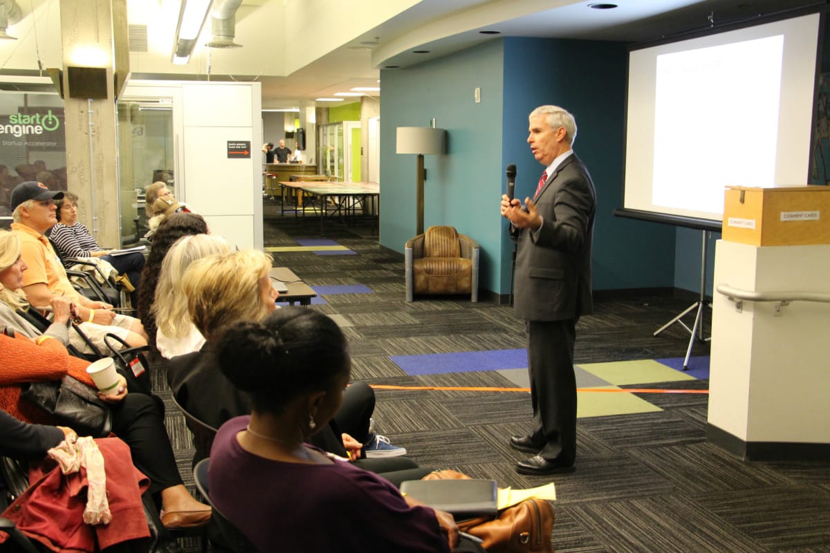 Santa Monica City Manager Rod Gould, who will retire at the end of this January, address a crowd at Real Office Center in Downtown Santa Monica at the final Santa Monica Talks event. (Photo by Jeffrey Snyder, 2014)