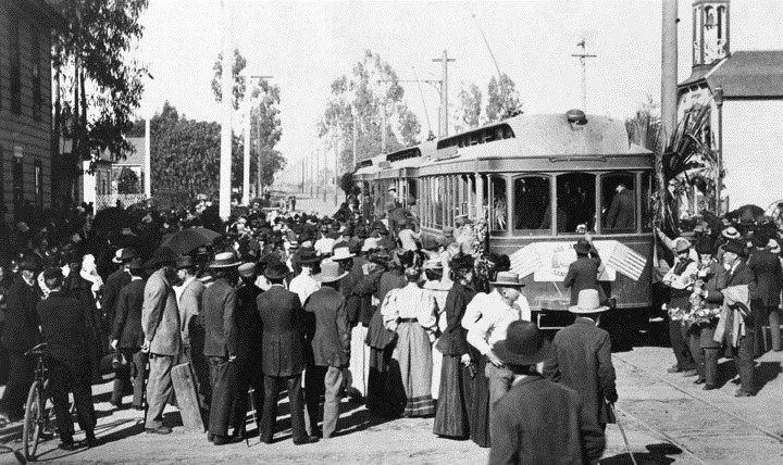 Opening of the electric railway from Los Angeles to Santa Monica, April 1, 1896. The extensive Pacific Electric Railroad easily transported to the beaches people from across the Greater Los Angeles Area. (Photo from waterandpower.org)