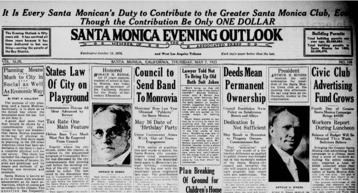 The Santa Monica Evening Outlook front page from May 7, 1925. From the Santa Monica Public Library archives.