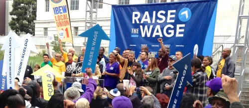 Activists advocate for a $15 minimum wage in Los Angeles. Photo from Capital and Main.