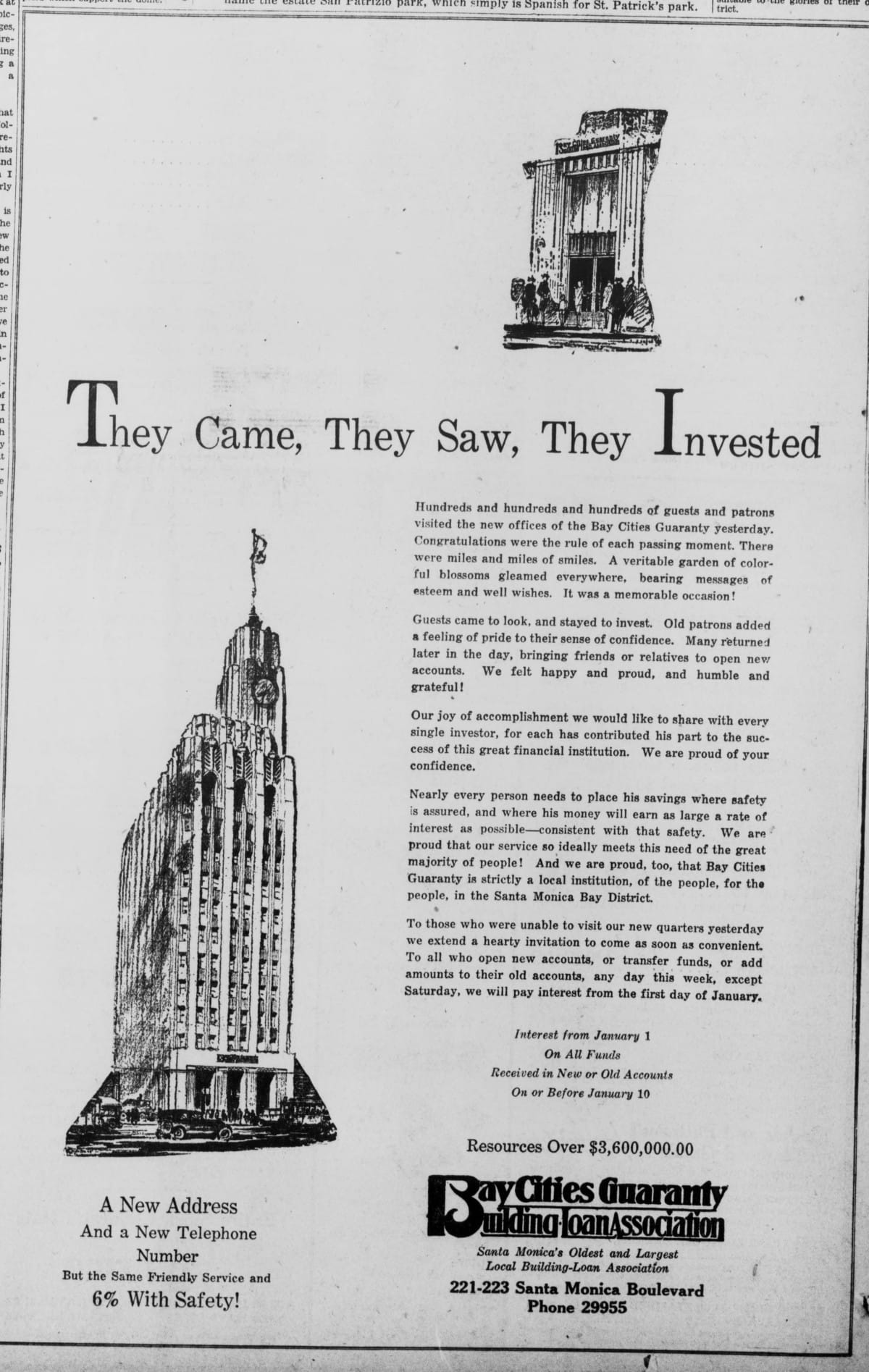 A quarter-page ad for Bay Cities Guaranty that ran in the paper on opening day of the new building.