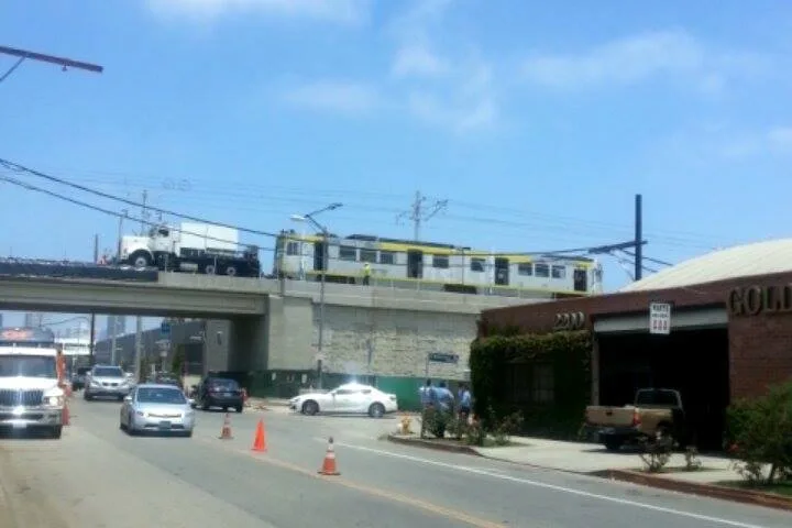 Expo test train crosses bridge at Centinela Boulevard