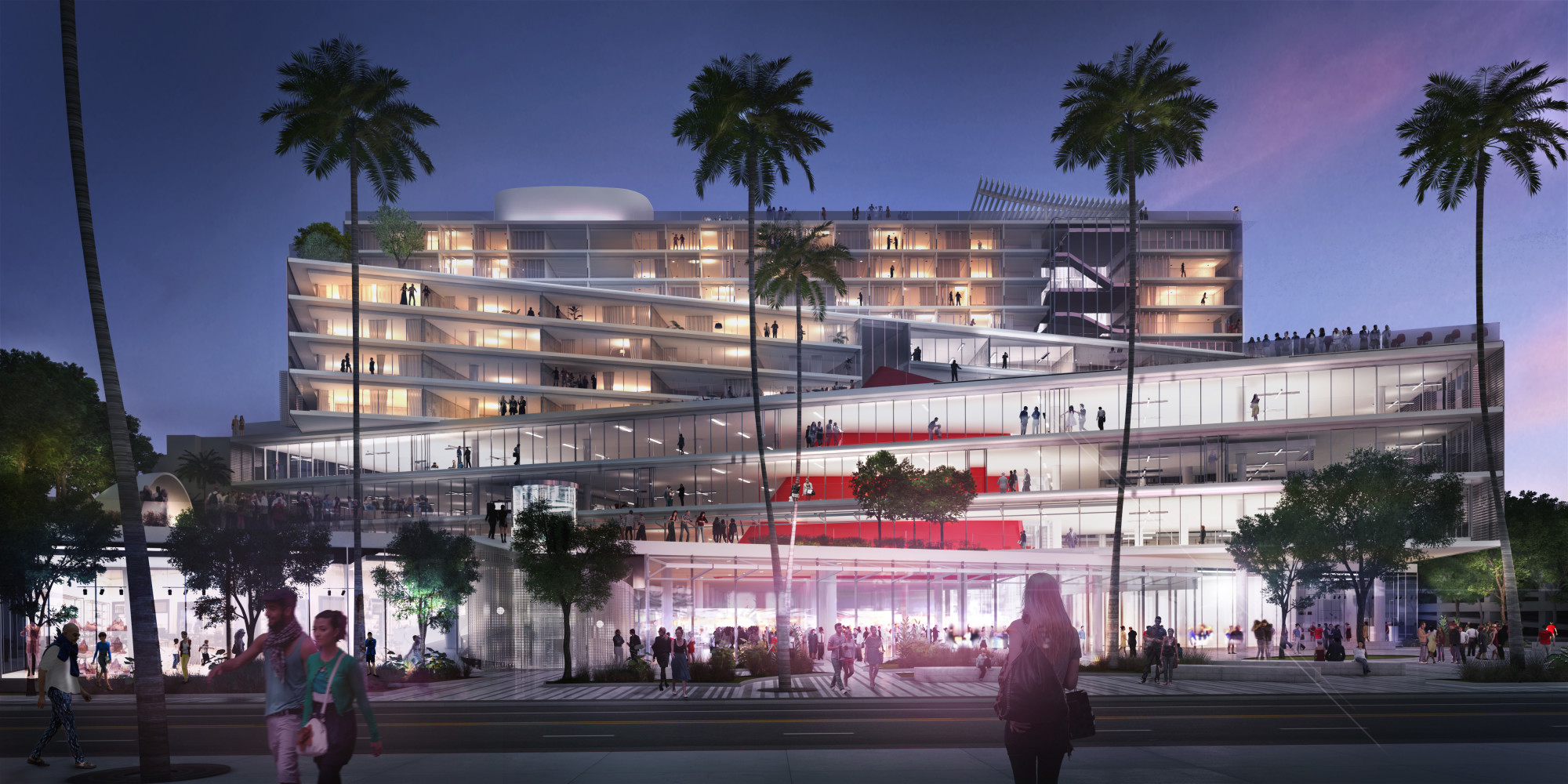 The Plaza at Santa Monica imagined at night. Rendering courtesy of MPC. Under "LUVE," this building, with its Children's Museum, union hotel, and about 50 affordable homes.