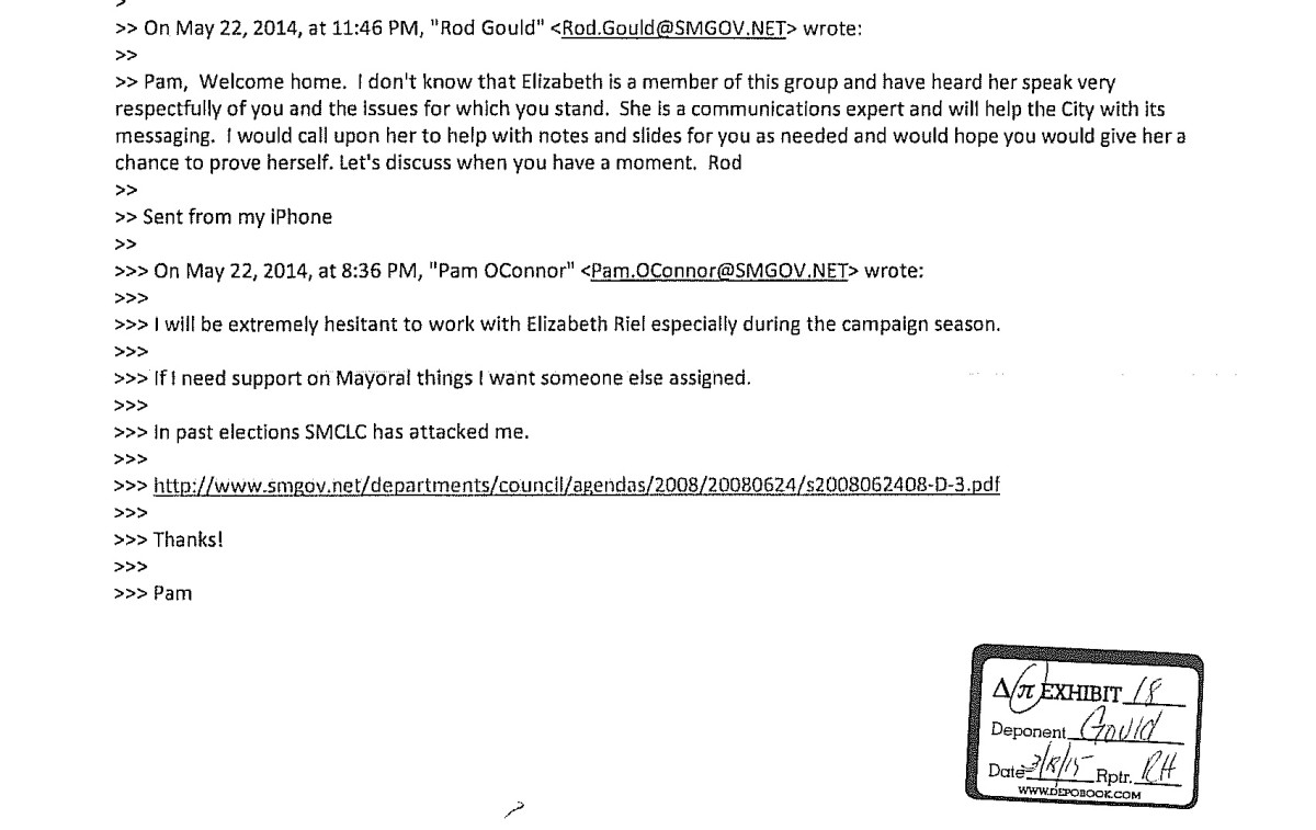 Pam O’Connor’s first email to Rod Gould about Elizabeth Riel, and his reply.
