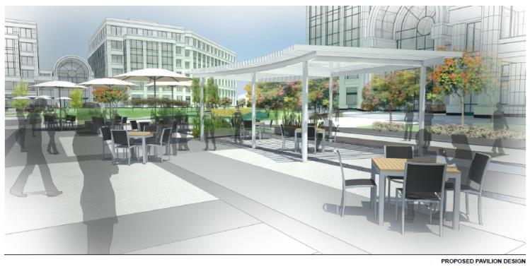 A rendering of the proposed covered pavilions in the Central Plaza.