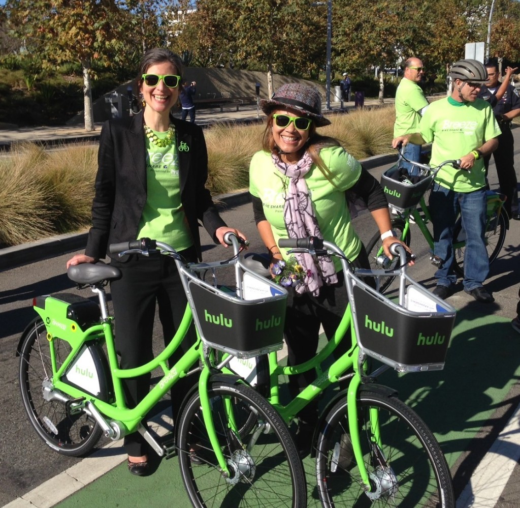 Kudos to city staff, elected officials, vendors, funders, sponsors, and community members who made today’s bike-share kick-off possible. Pictured are the city of Santa Monica’s Strategic and Transportation Planning Manager Francie Stefan and Santa Monica Spoke’s Cynthia Rose.