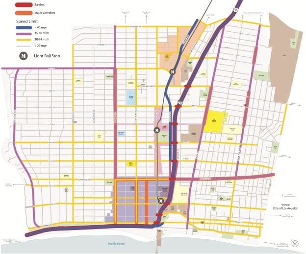 A map from the Pedestrian Action Plan shows speed limits on the city's streets as well as barriers to walking.