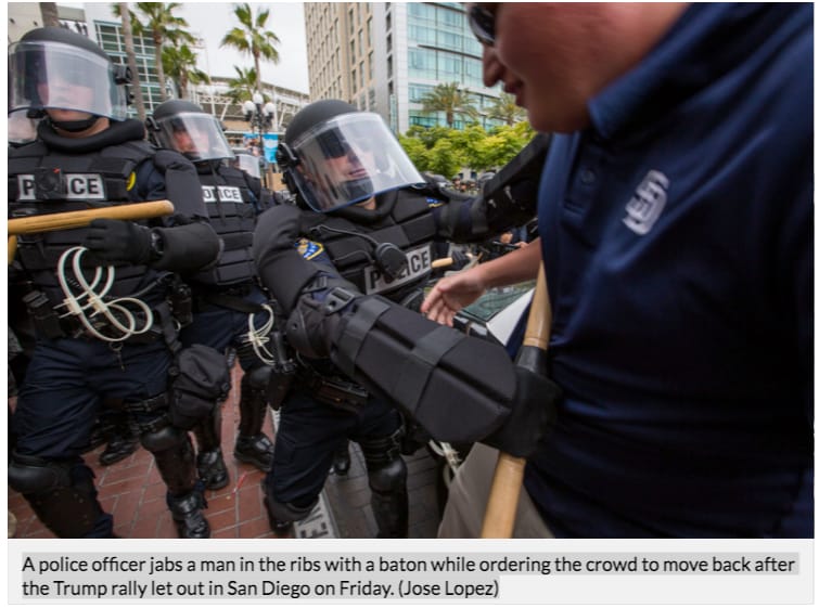 A police officer jabs a man in the ribs with a baton while ordering the crowd to move back after the Trump rally let out in San Diego on Friday, May 28, 2016 . (Jose Lopez) - See more at: http://www.thecorsaironline.com/news/2016/05/28/shot/#prettyPhoto[34222876]/0/ San Diego. Josue Martinez September Bottoms Christian Monterrosa Jose Lopez