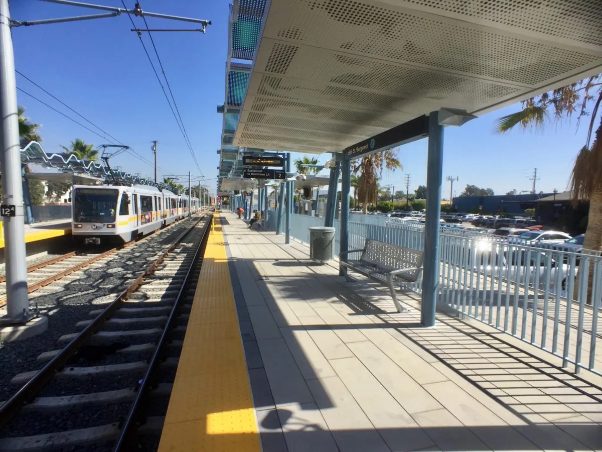 A westbound train pulls into the 26th St./Bergamot station on a recent weekday with the Bergamot Station arts complex in the background. All pictures by Saul Rubin
