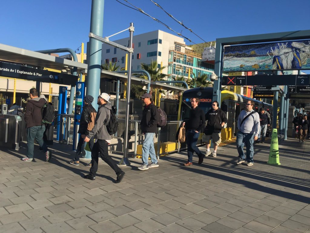People disembarking the Expo line at the Downtown Santa Monica station. Photo from the City of Santa Monica.