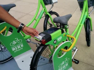 Testing out the "smart-bike" in front of Santa Monica City Hall.