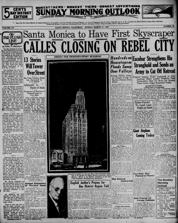 The Santa Monica Outlook announces plans for Santa Monica's first "skyscraper," hailed as a "dream come true and a promise fulfilled" for the growing beachside city. From the Santa Monica Public Library digital archives.