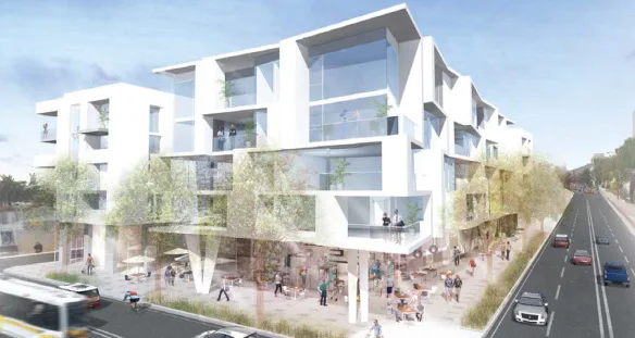 A rendering of the project proposed to replace Denny's at Lincoln and Colorado, only a few blocks from the future Expo Line station in Downtown Santa Monica.