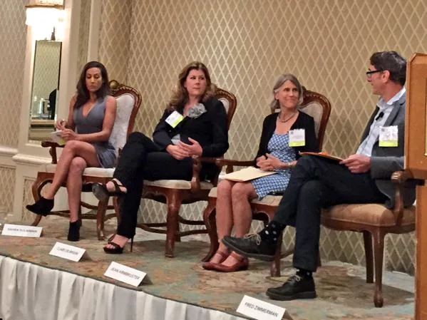 The panel discussing healthy communities at the Westside Urban Forum Friday morning. From left to right, Sahra Sulaiman, Clare De Briere, Jean Armbruster, and Fred Zimmerman. Photo via Rick Cole.