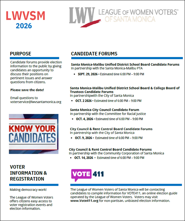 League of Women Voters Announces Candidate Forums for Santa Monica