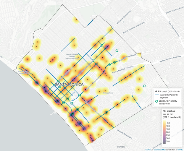 fatal and severe injury crash density in Santa Monica